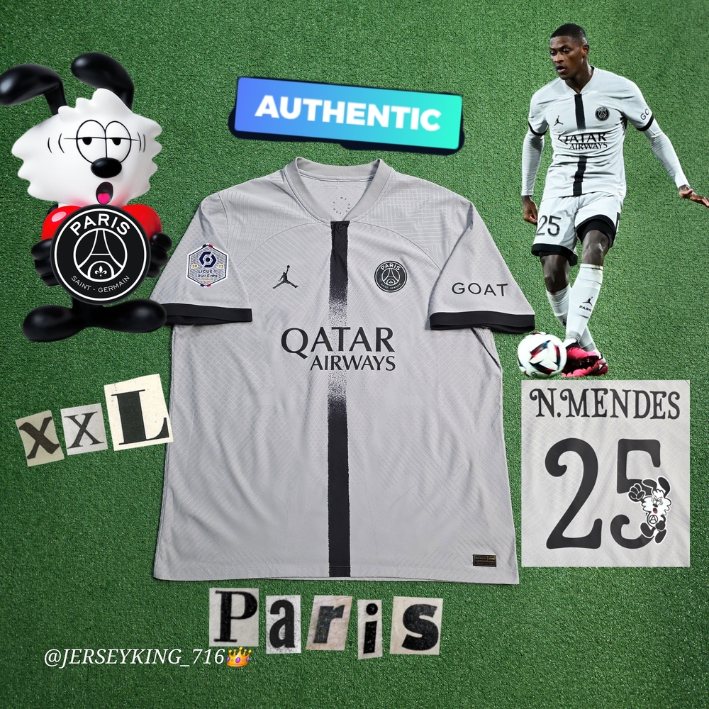 Jordan X PSG Nuno Mendes #25 2022/2023 Authentic Away Jersey Verdy Nameset Rare